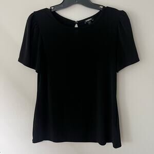 Express Women's Large Black Puff Short Sleeve Stretch Blouse Keyhole-Back Office